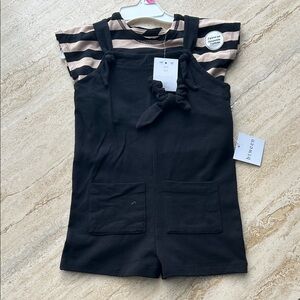 NEW 🆕 Btween three-piece set Black Overalls with Striped Top and hair tie